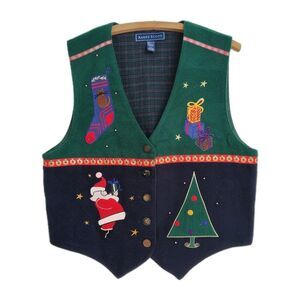 VTG Karen Scott Christmas Sweater Vest Women's L Green Embroidered Beaded